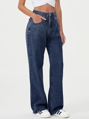 HDLTE High Rise Wide Leg Dark Blue Jeans Women's Small Stretch Boyfriend Denim